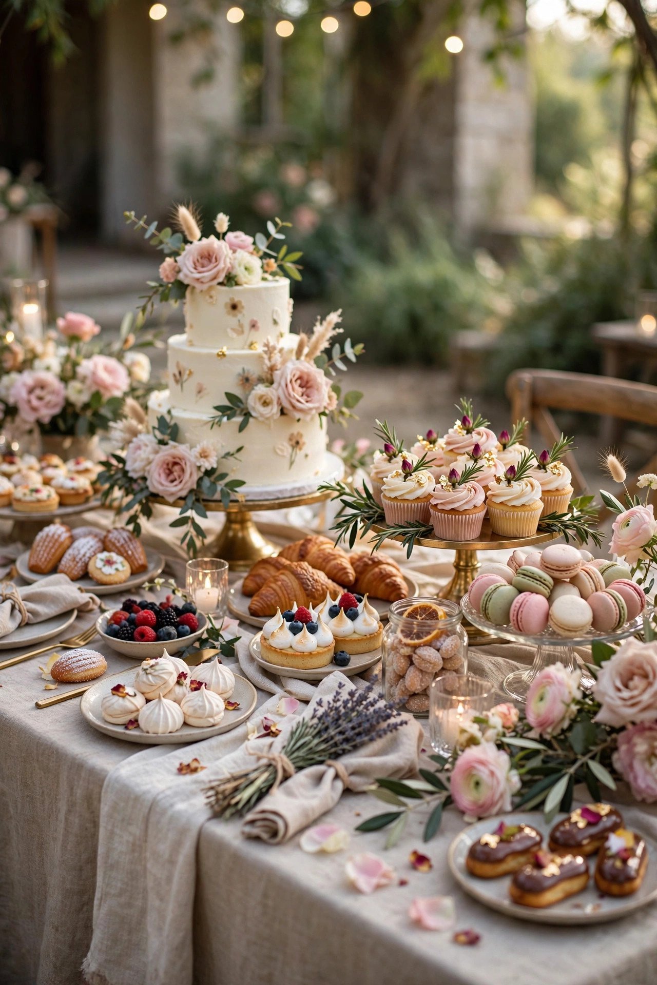 Elegant wedding dessert table with cakes pastries and sweets display