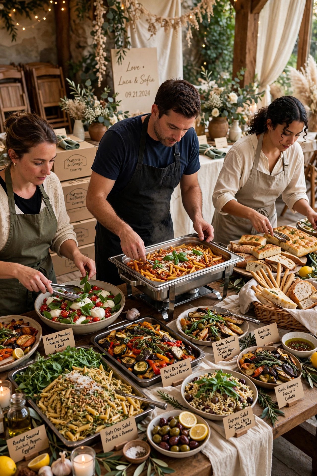 Local restaurant catering trays of food for a wedding buffet