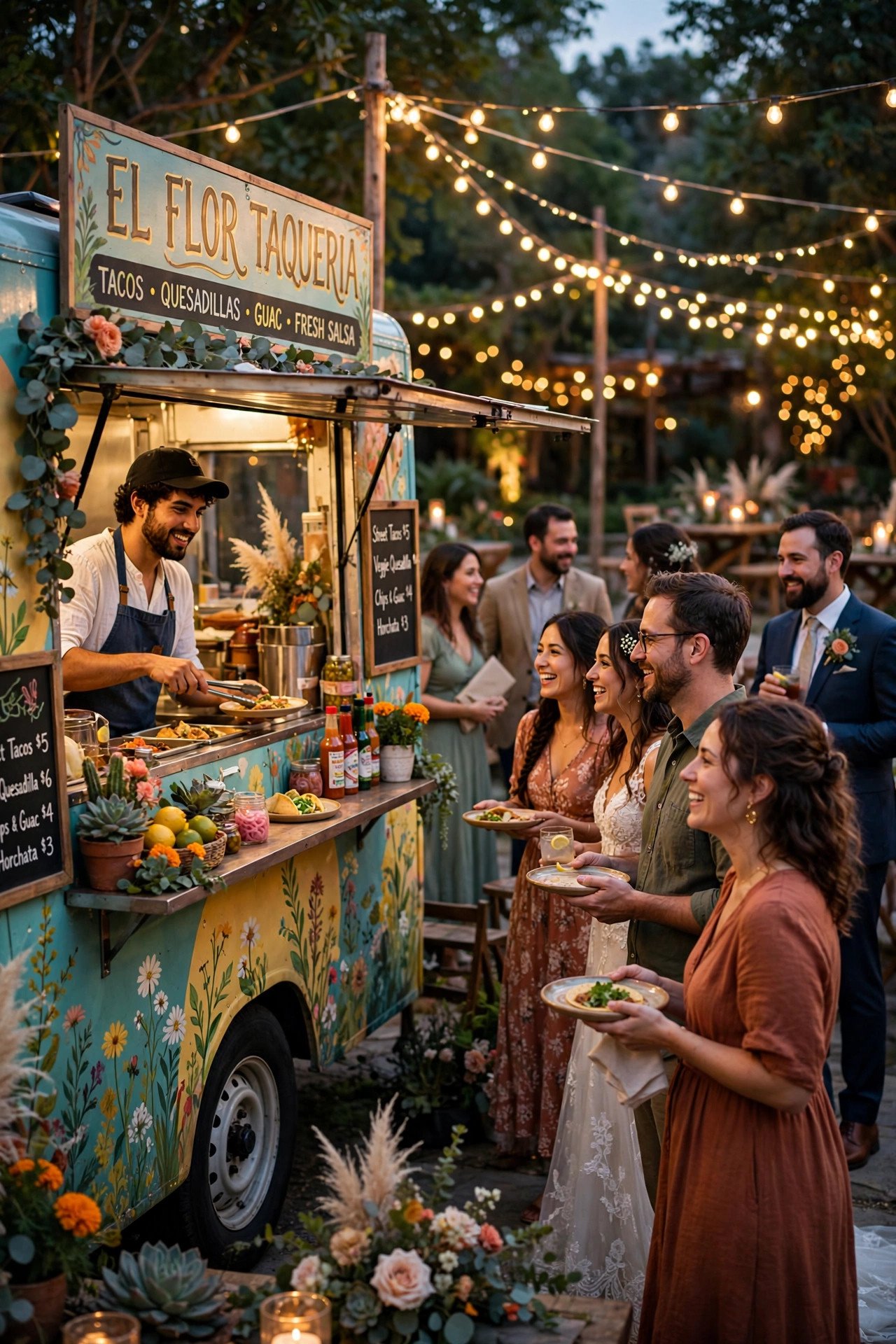 Food truck serving wedding guests at an outdoor reception