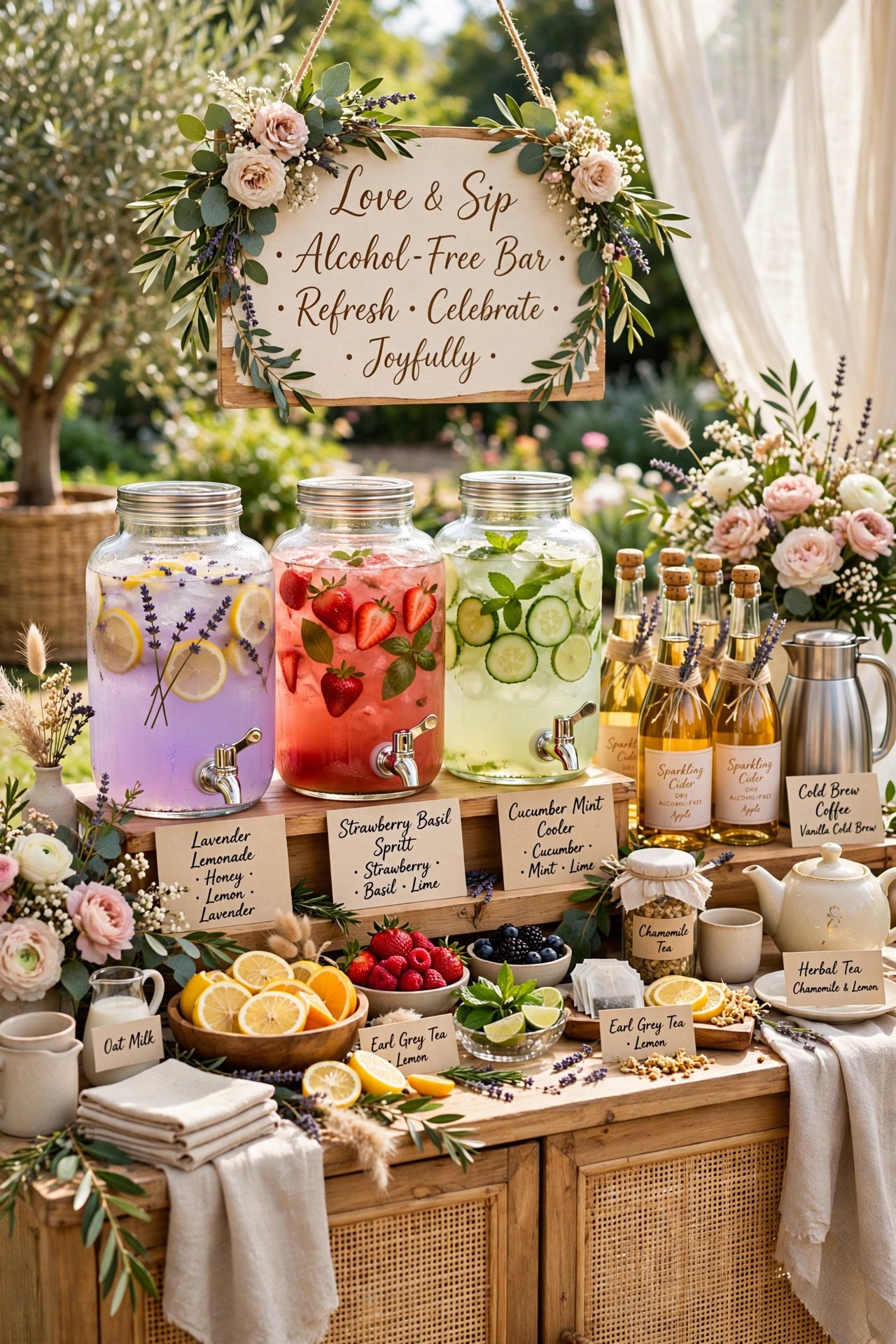 Wedding drink station with signature mocktails sparkling cider coffee and tea