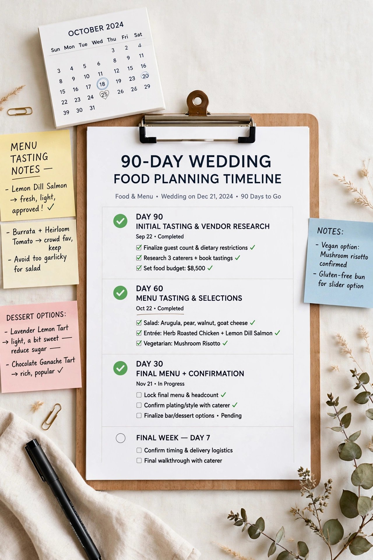 Wedding food planning timeline checklist 90 days before the wedding