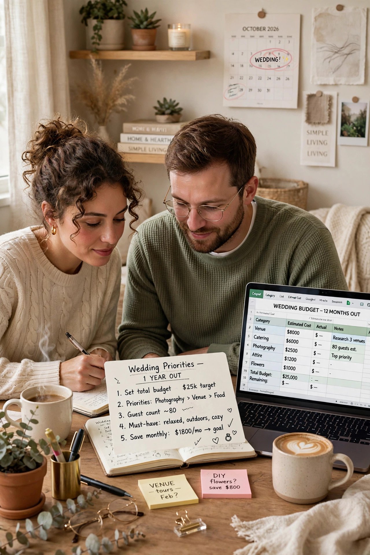 Couple setting their wedding budget and priorities a year before the wedding