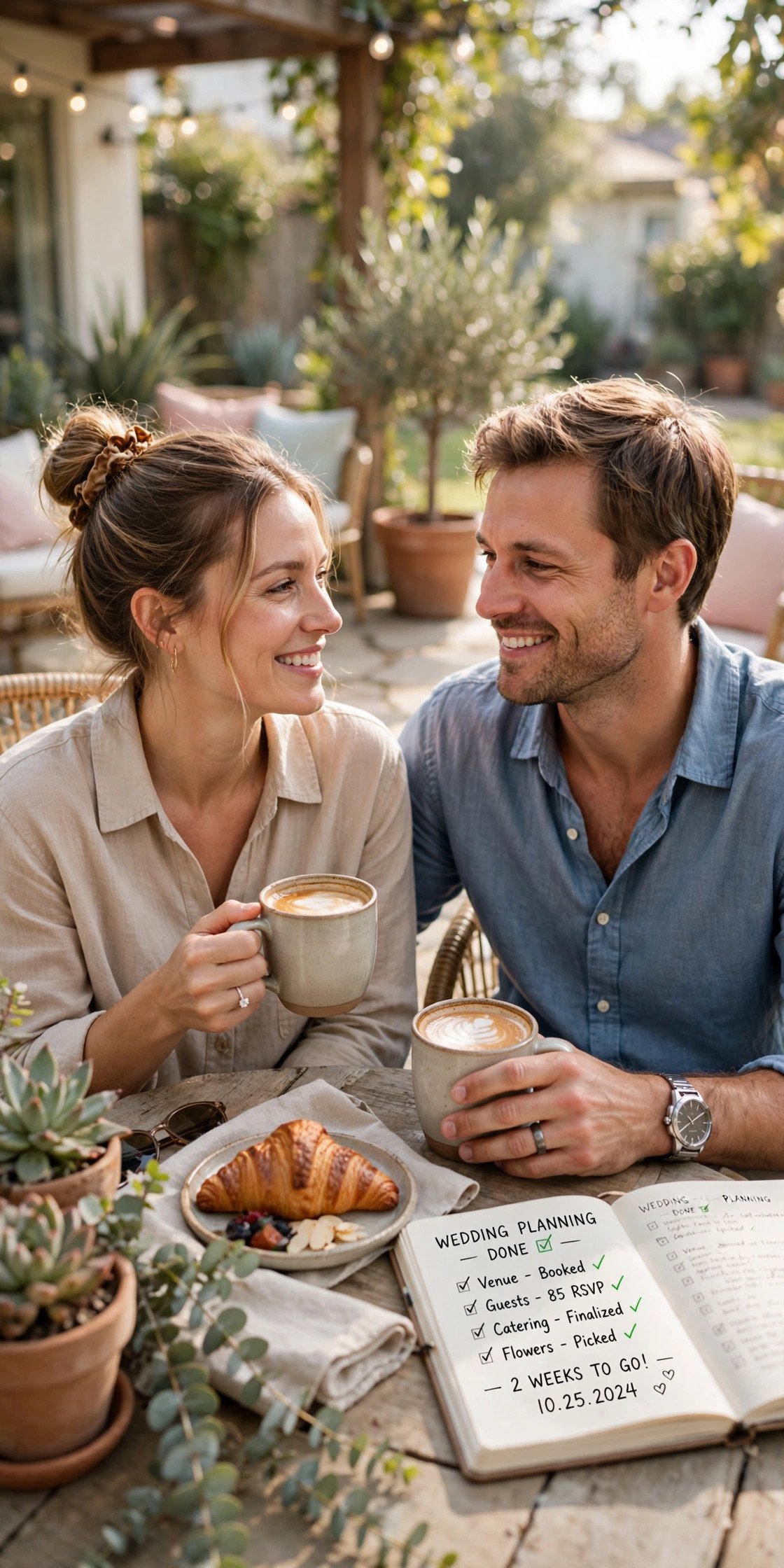 Relaxed couple enjoying coffee two weeks before their wedding