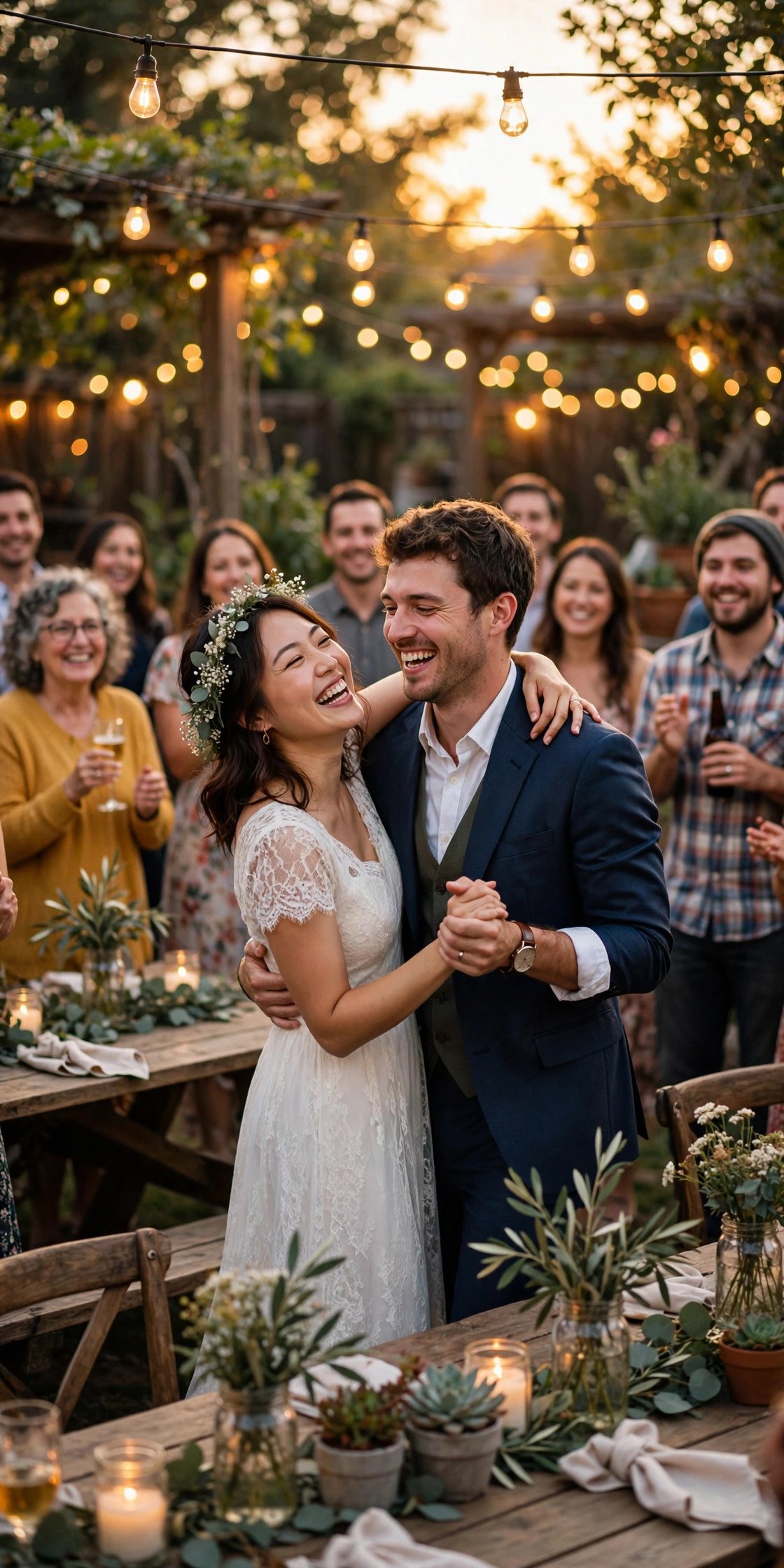 Happy newlywed couple celebrating at their budget wedding reception