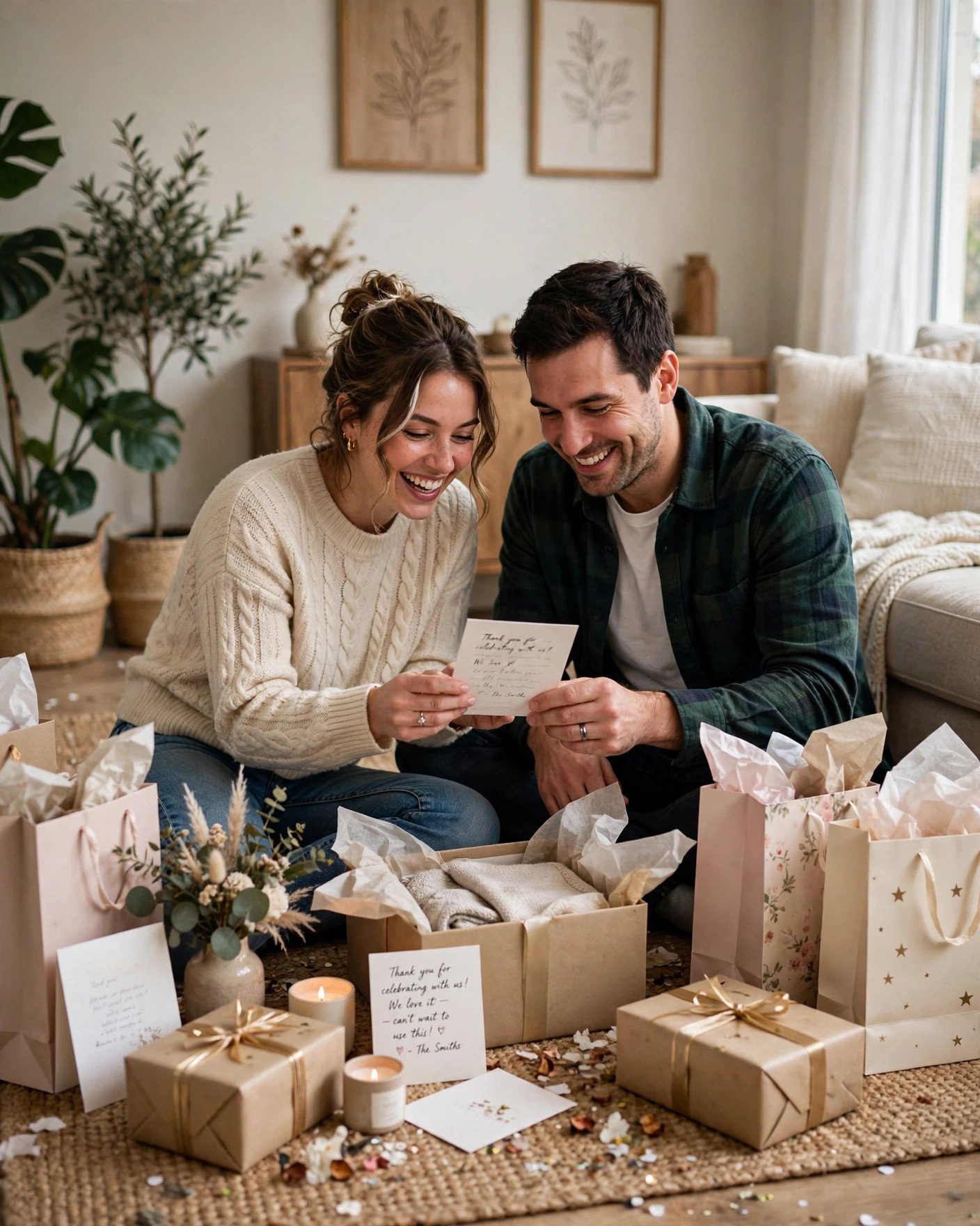 Newlywed couple opening wedding gifts and reading cards together