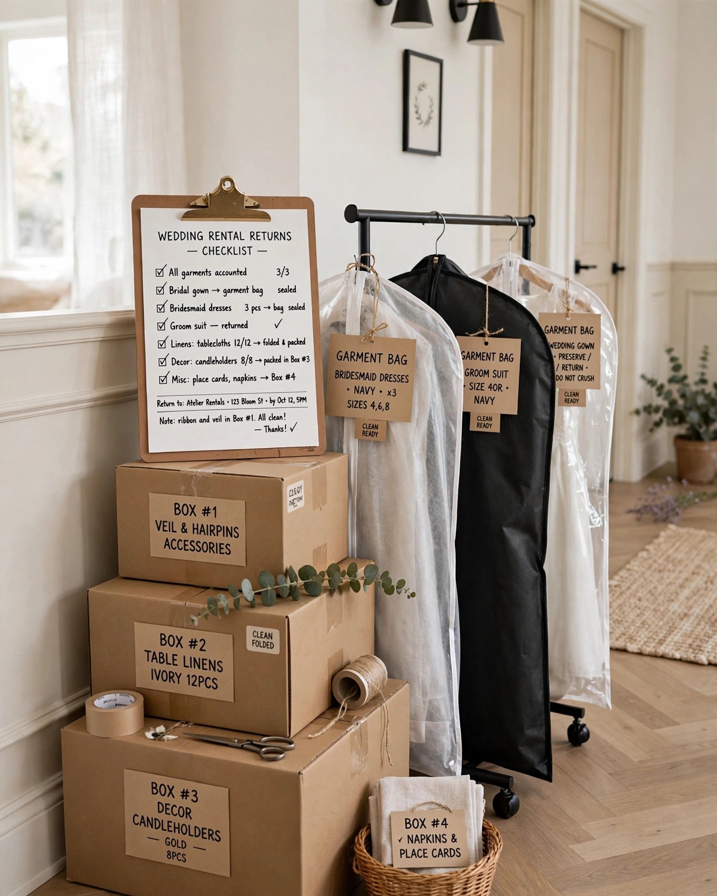 Labeled boxes and garment bags ready for wedding rental returns