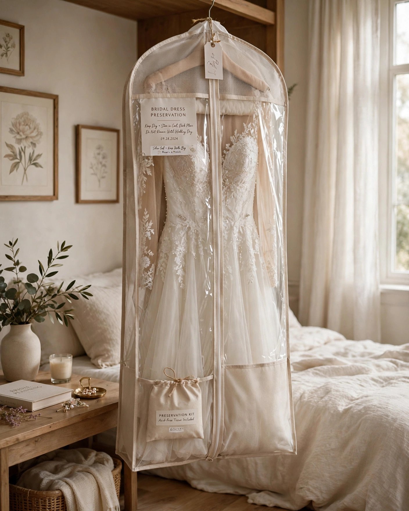 Wedding dress hanging in a garment bag ready for preservation cleaning