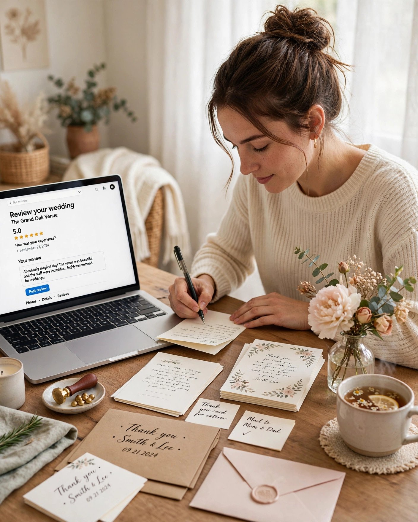 Writing thank-you notes and vendor reviews on a laptop the day after the wedding