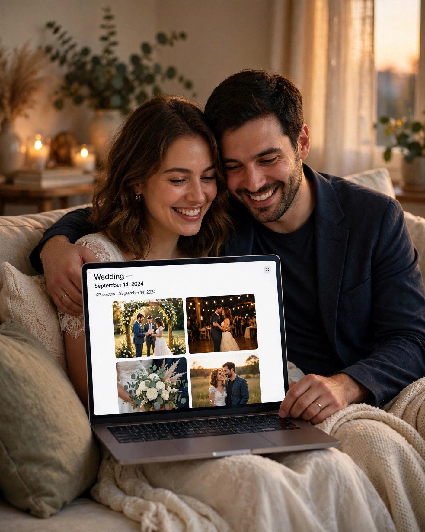 Couple looking through wedding photo sneak peeks on a laptop together