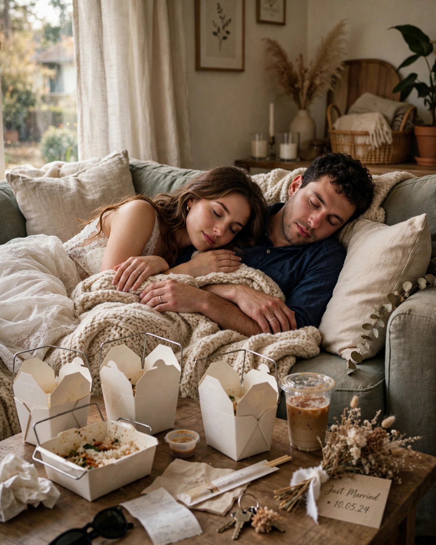 Newlywed couple napping cozily together on a couch doing nothing