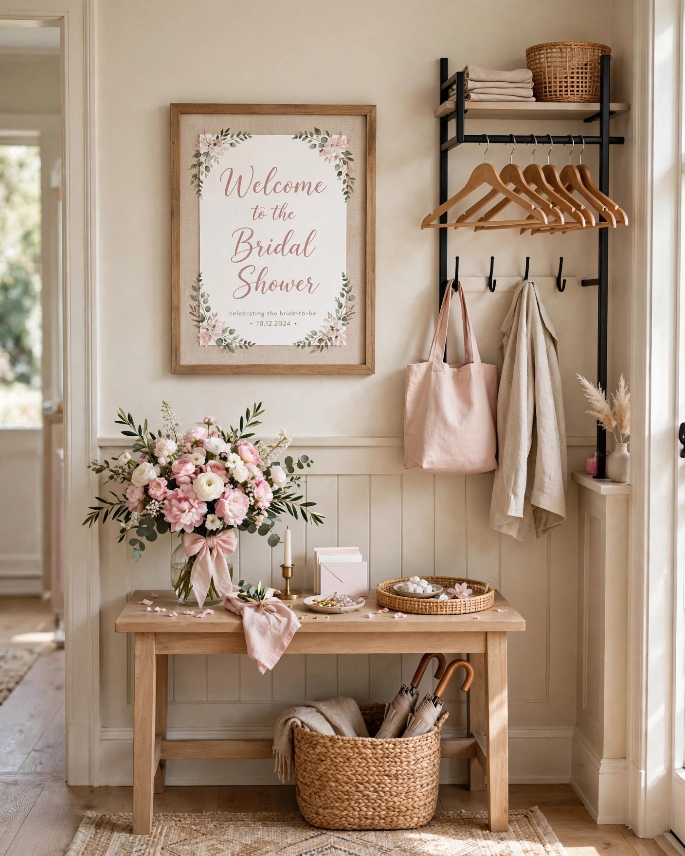 Welcoming home entryway decorated for a bridal shower with flowers and a sign