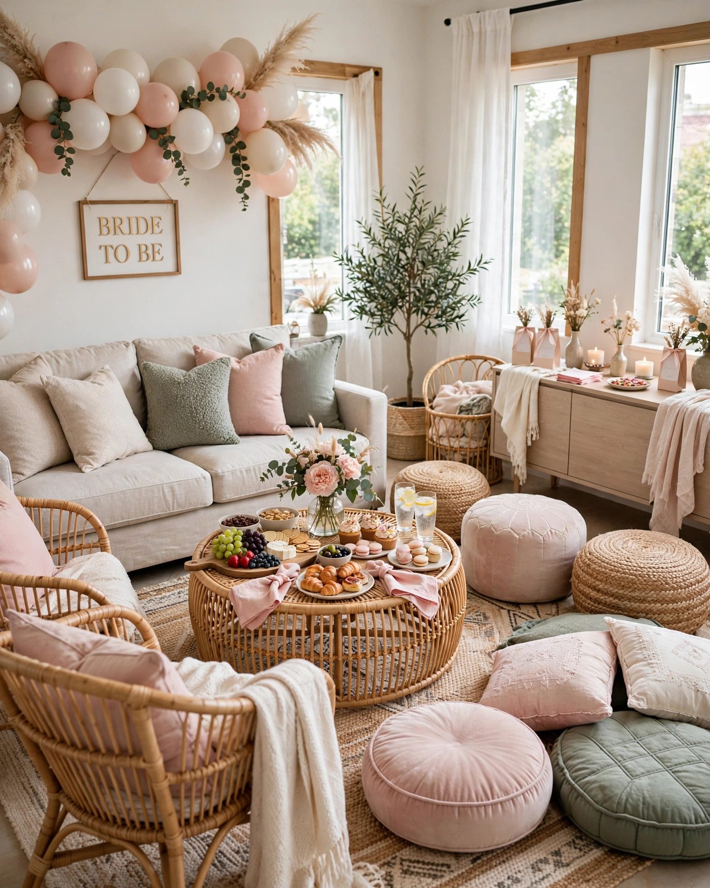 Living room arranged with extra seating for bridal shower guests mingling