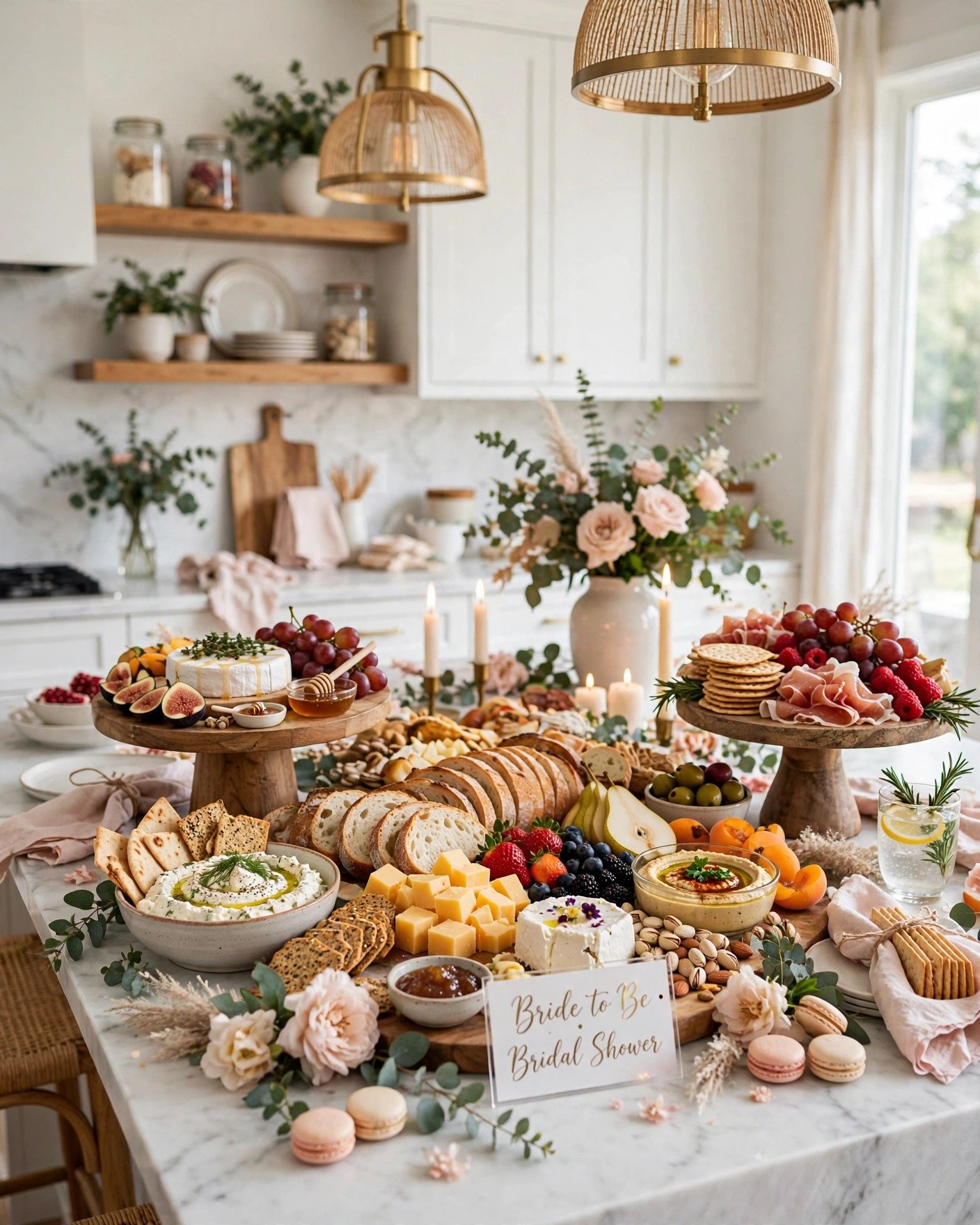 Kitchen island covered with a beautiful grazing spread for a bridal shower