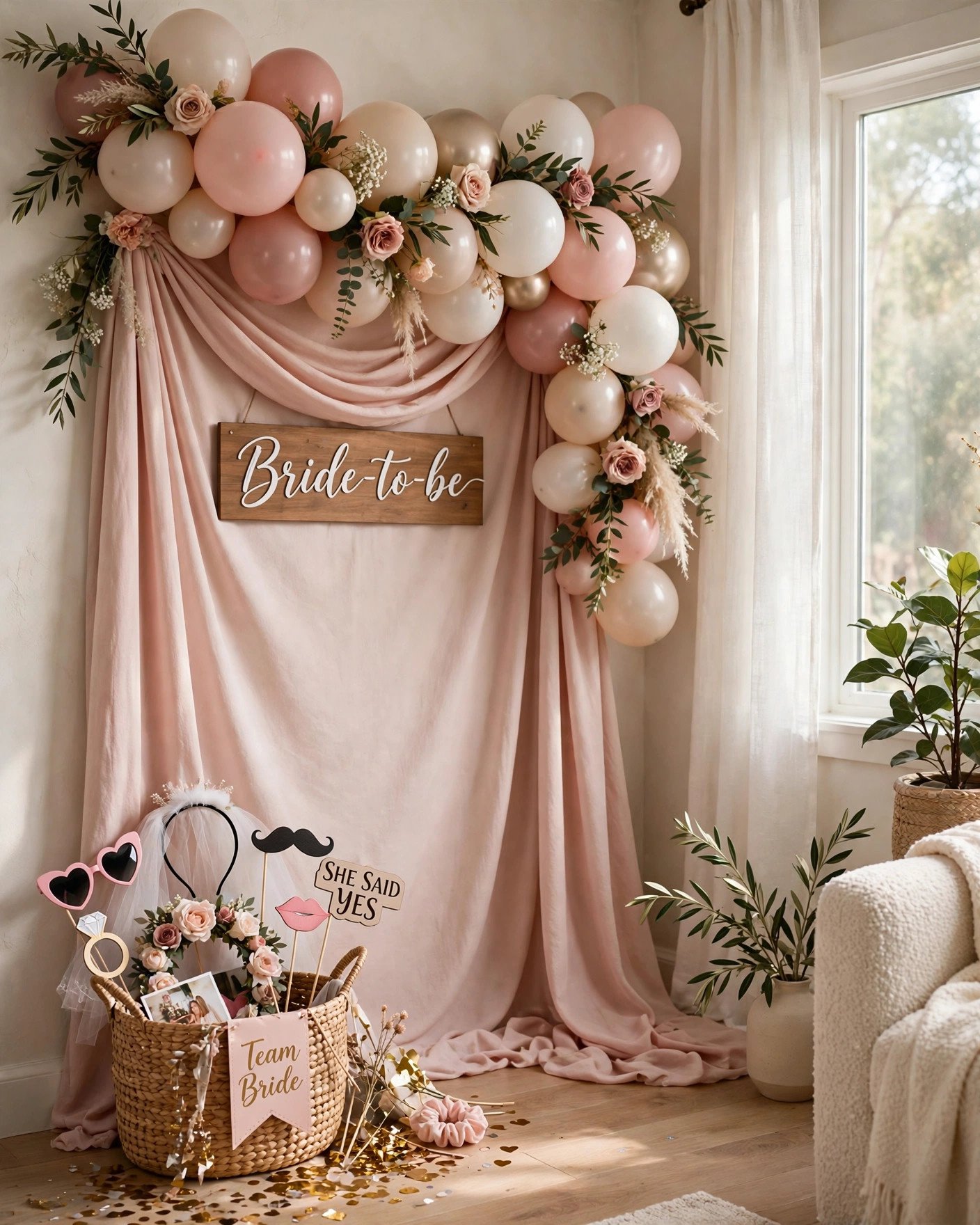 DIY photo backdrop corner in a home with fabric balloons and flowers for bridal shower