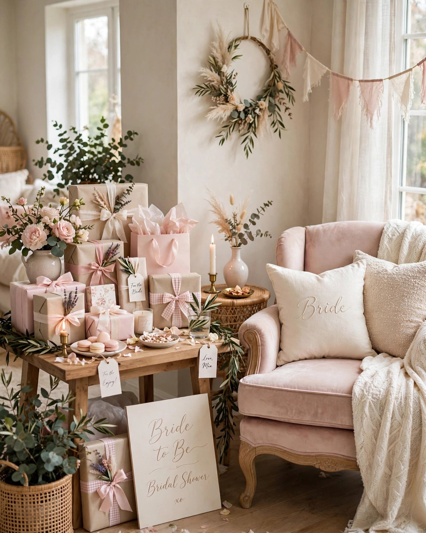 Pretty gift display table and bride's chair set up for gift opening at home
