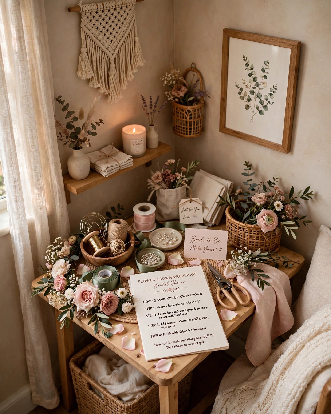 Compact craft activity station set up in a home nook for bridal shower guests