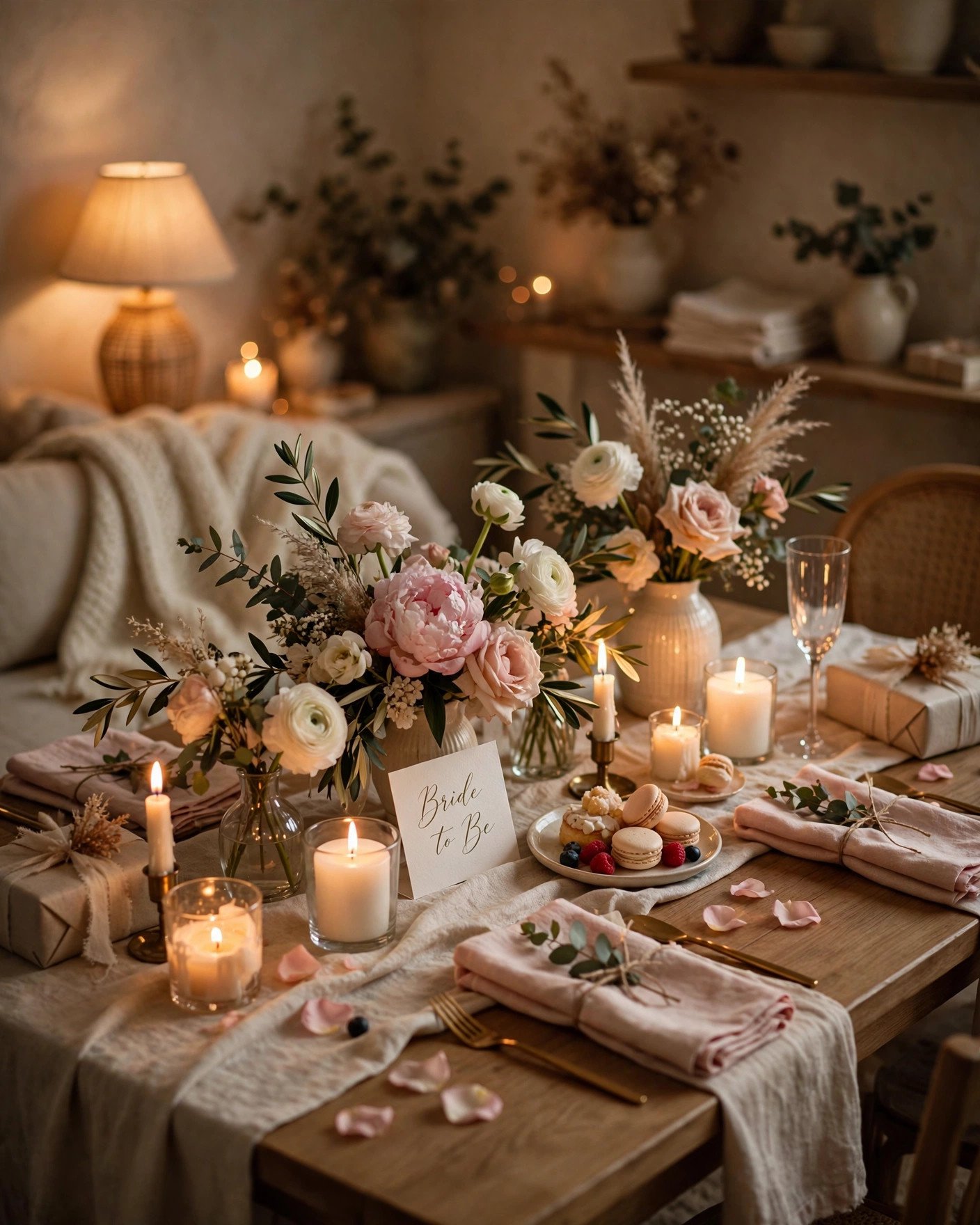 Cozy home atmosphere with candles flowers and warm lighting for a bridal shower