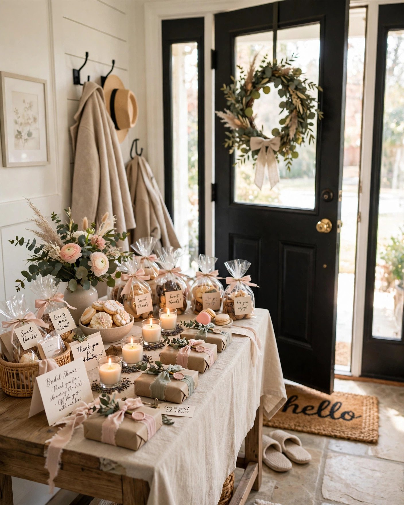 Favor table near the front door with small gifts for bridal shower guests