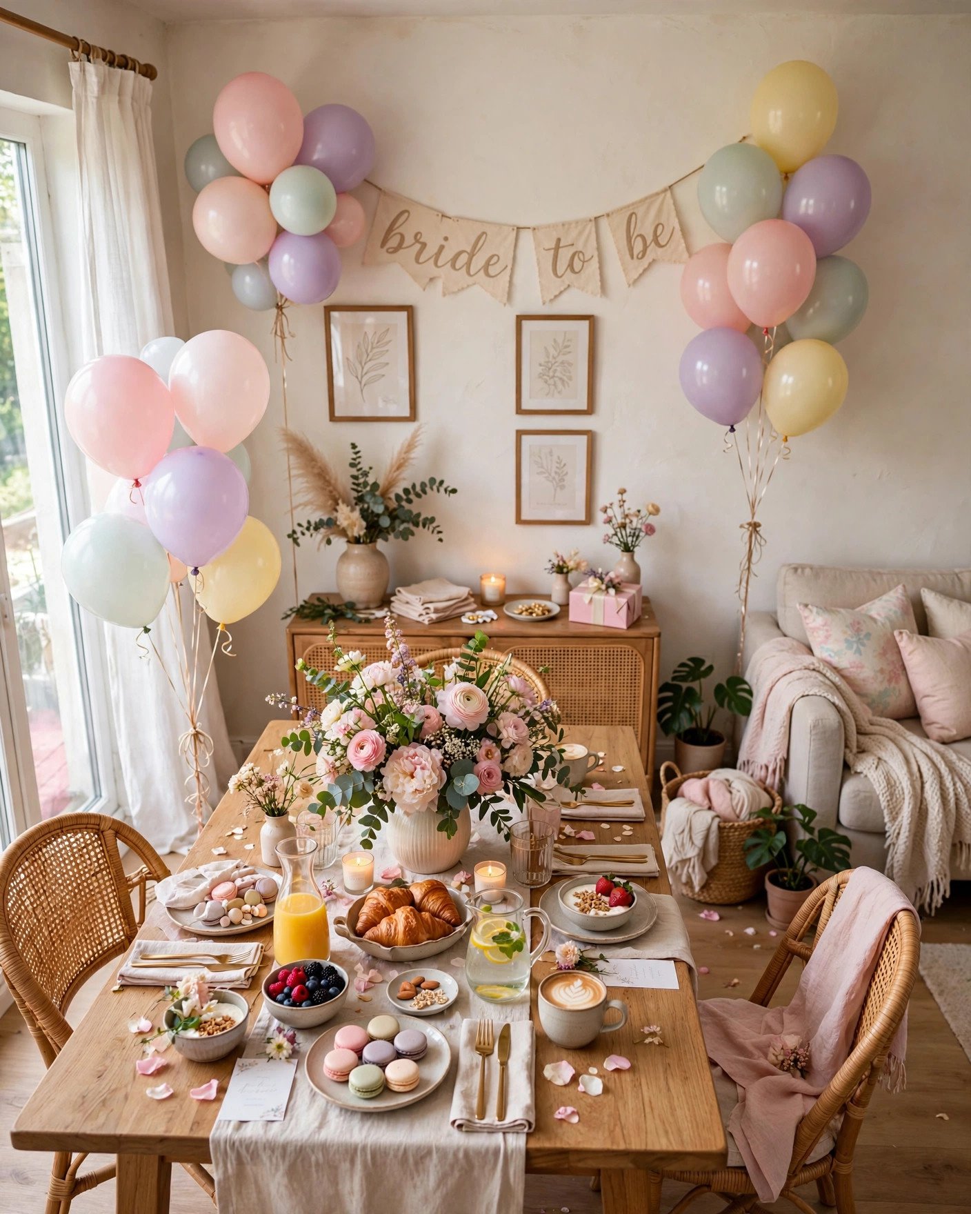 Beautiful living room set up for an at-home bridal shower with flowers and brunch table