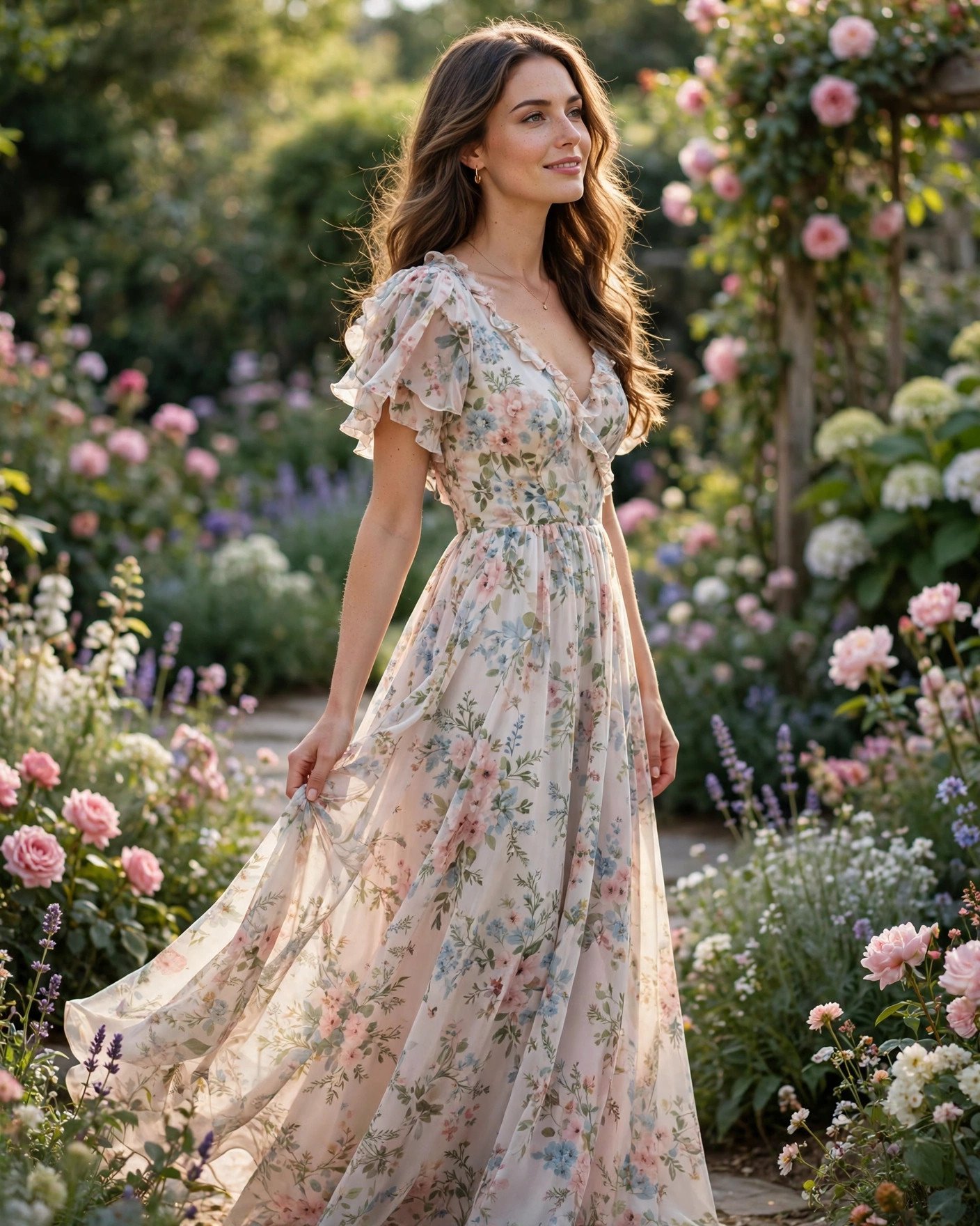 Woman wearing a floral maxi wedding guest dress in a garden setting