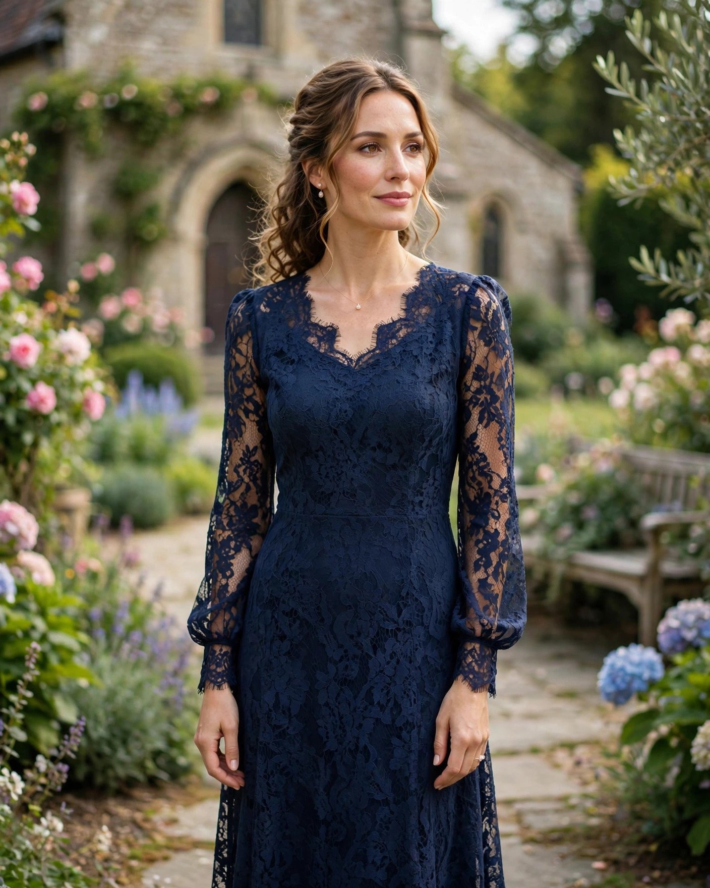 Navy lace midi wedding guest dress with elegant sleeves