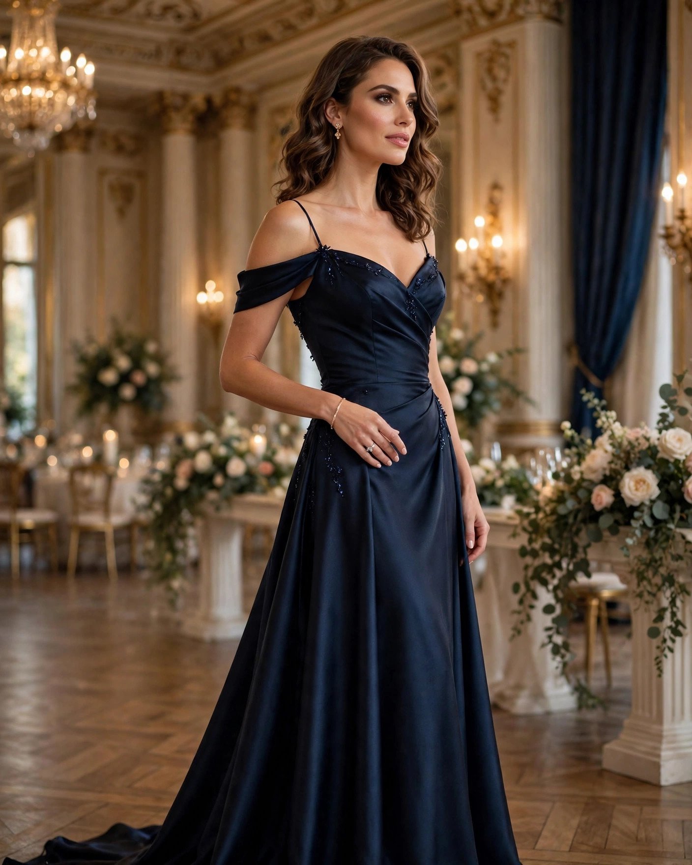 Floor-length black-tie wedding guest gown in midnight blue