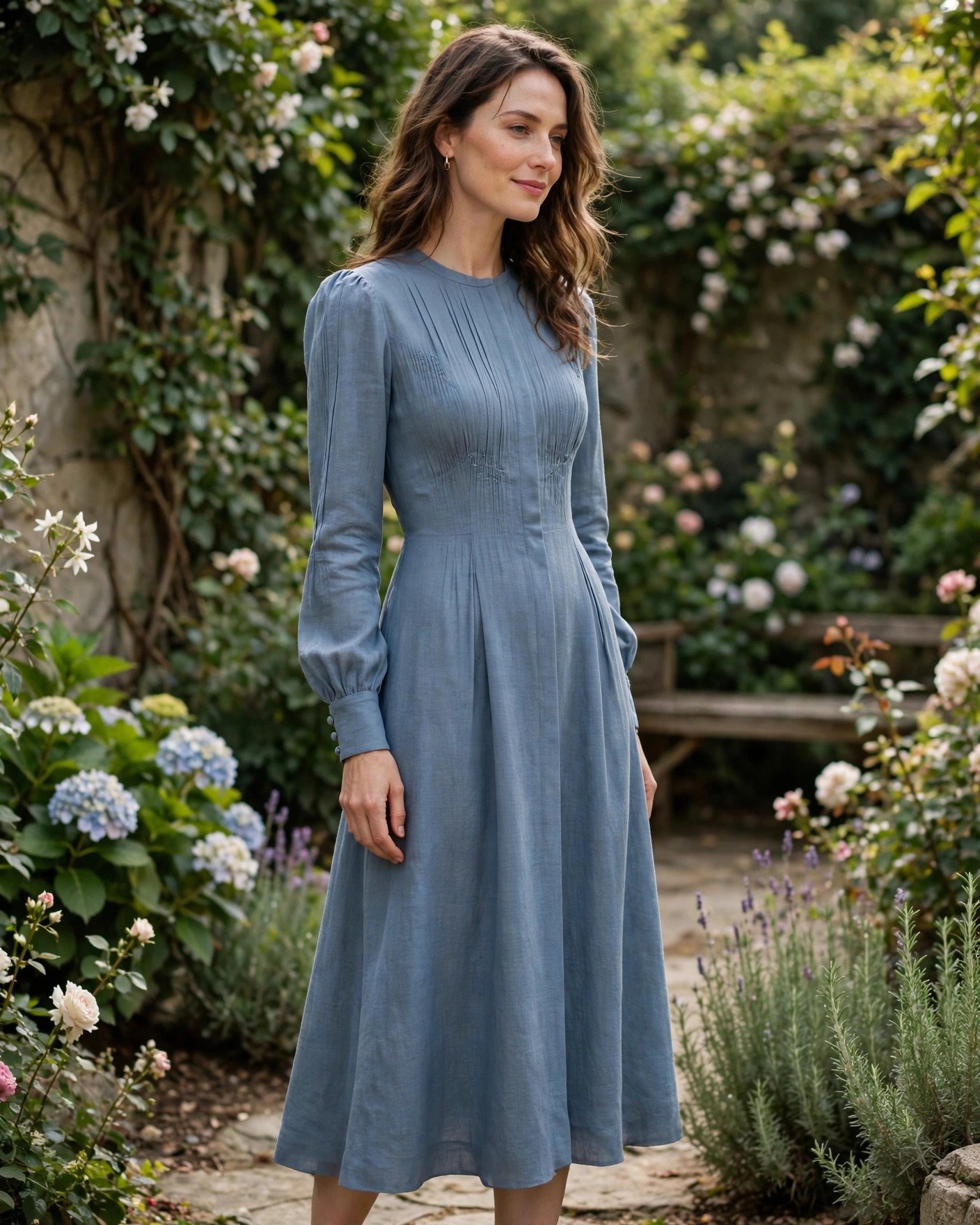 Elegant long-sleeve modest wedding guest dress in dusty blue