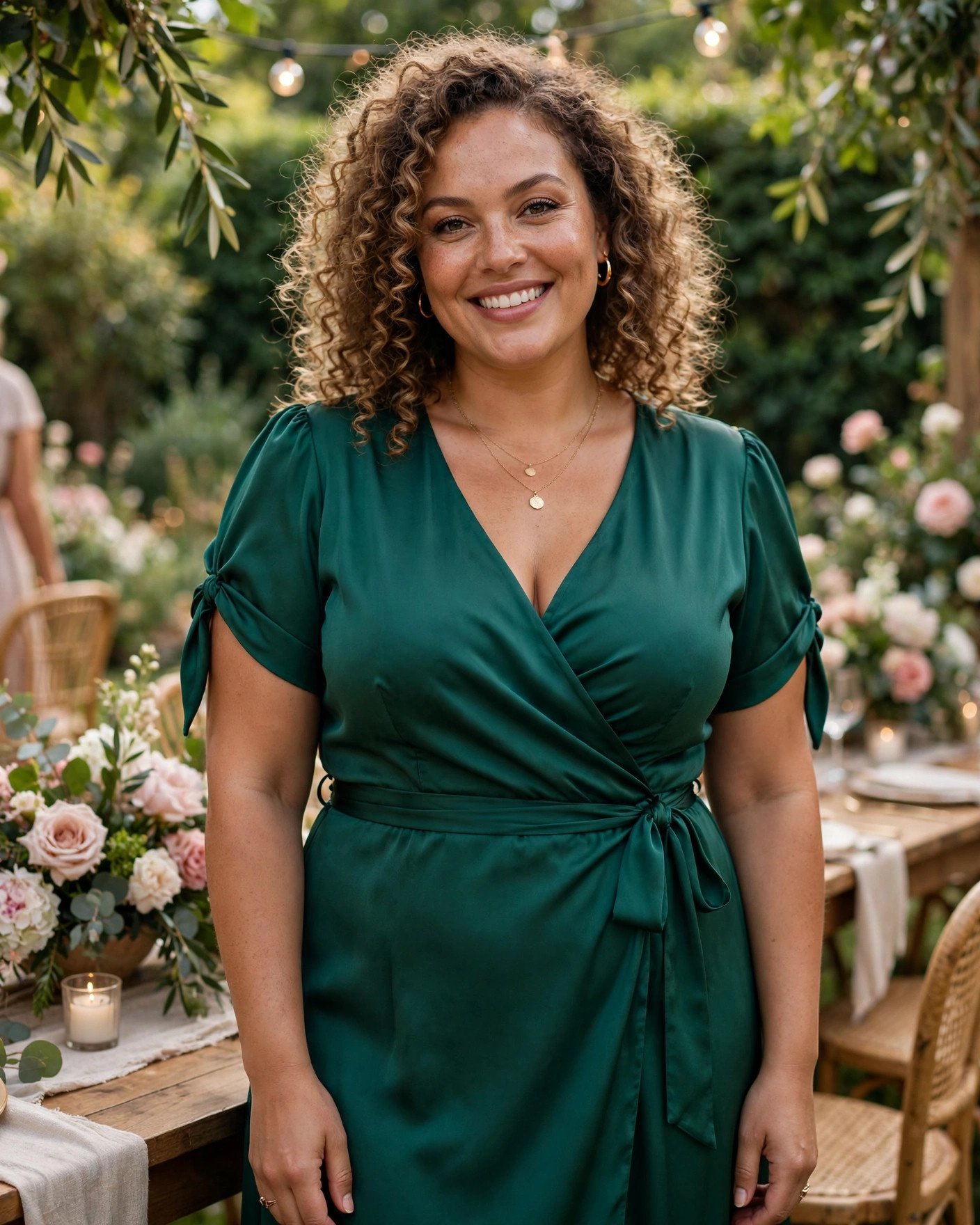 Beautiful plus-size woman in a flattering emerald wrap wedding guest dress