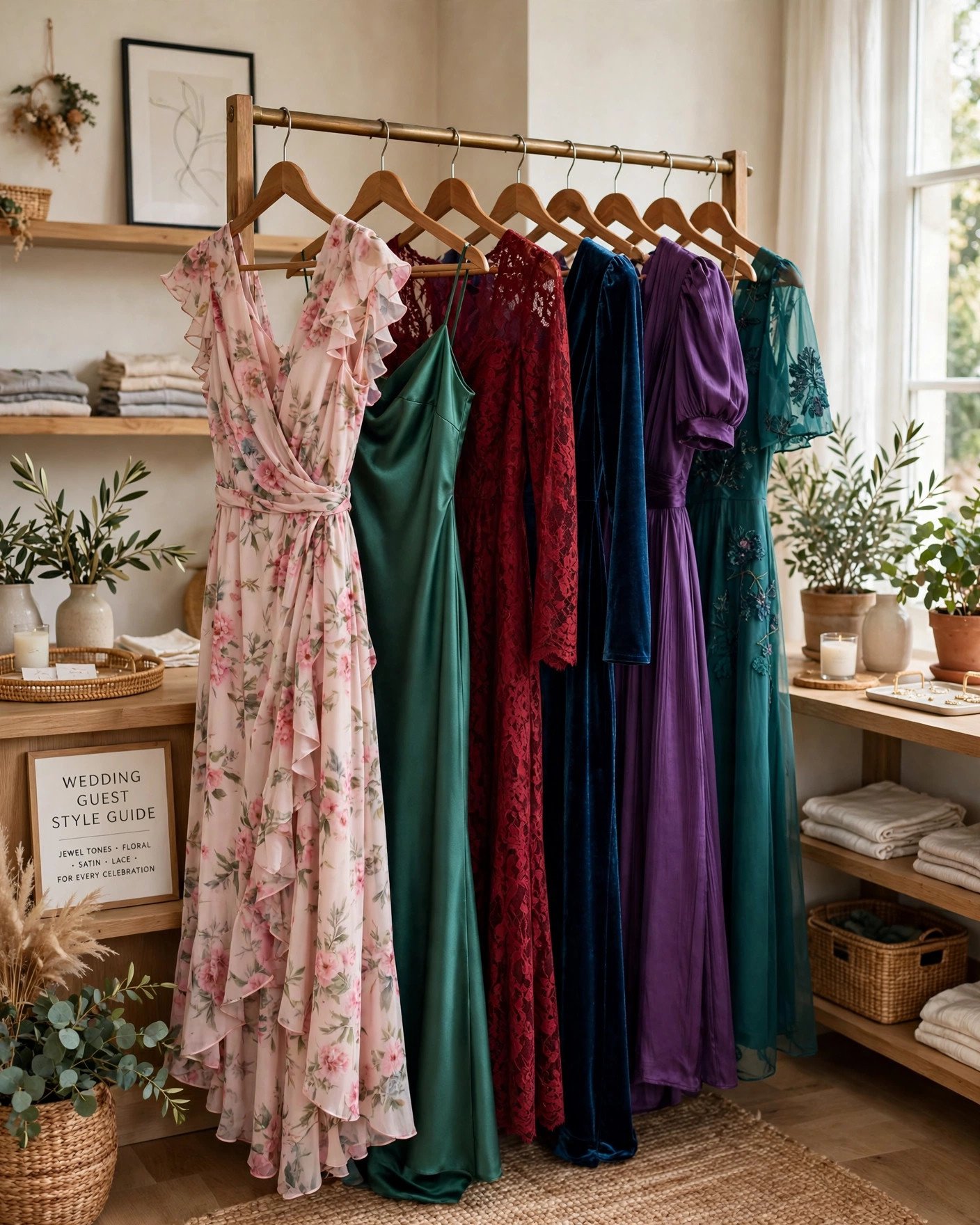 Elegant wedding guest dresses in various styles displayed for the ultimate dress guide