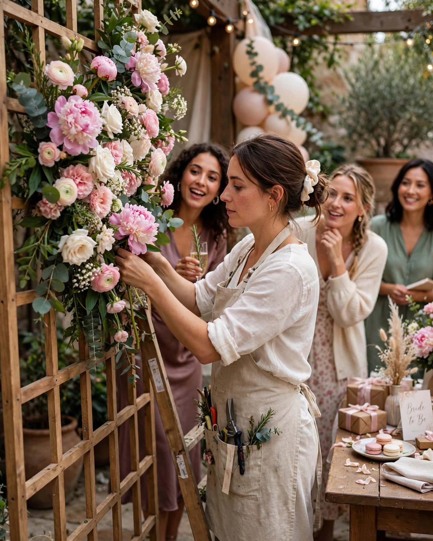 Florist building a live flower wall installation during a bridal shower