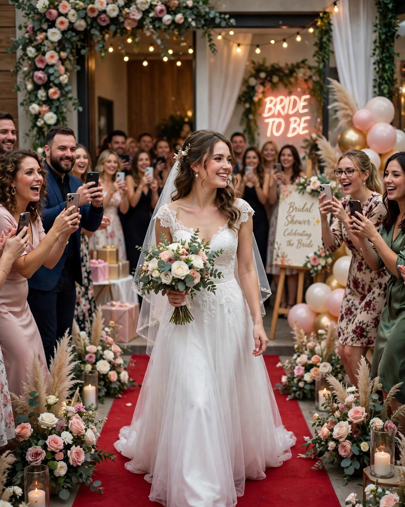Bride walking a red carpet arrival with guests cheering at her bridal shower