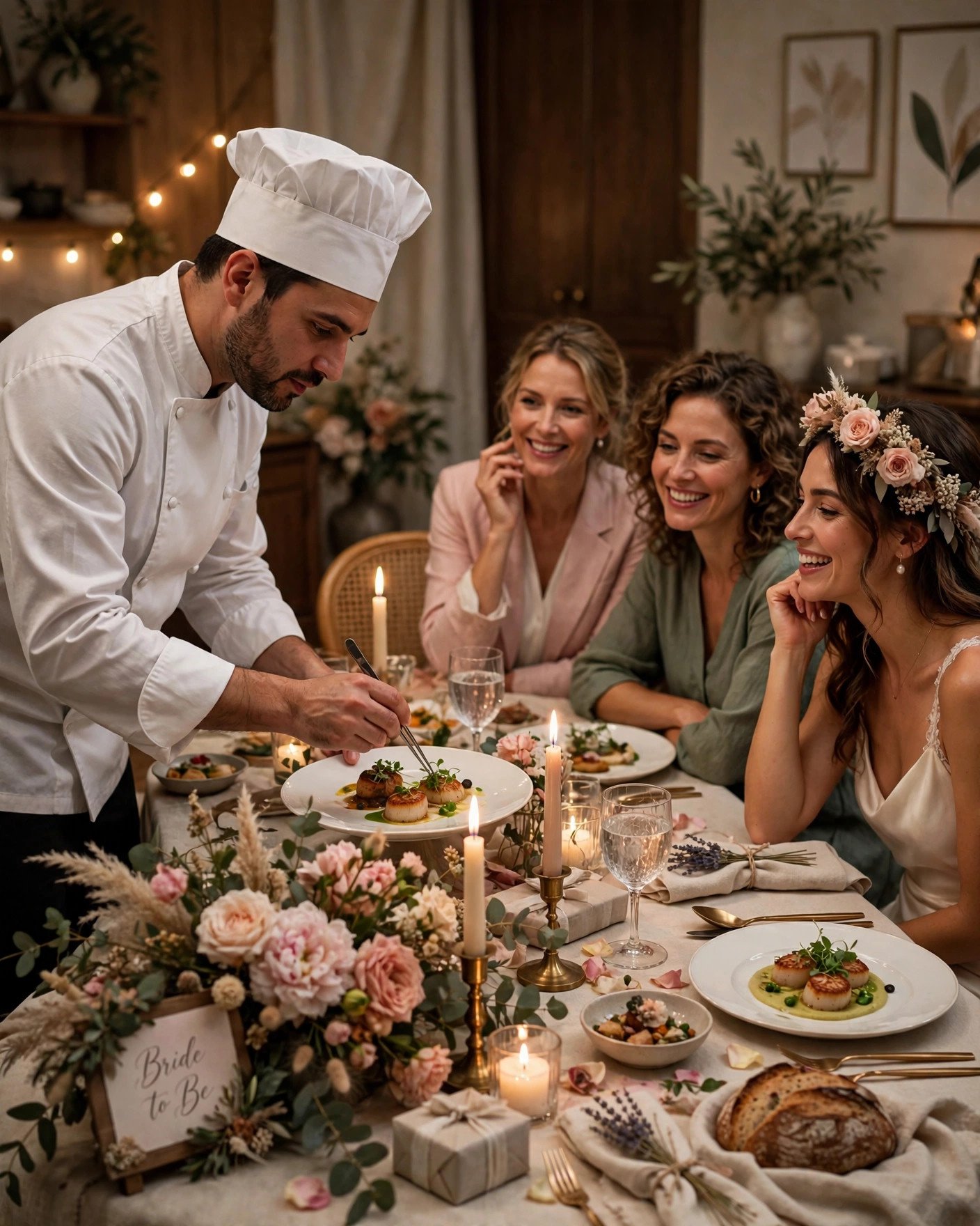 Private chef plating an elegant dinner for a bridal shower dinner party