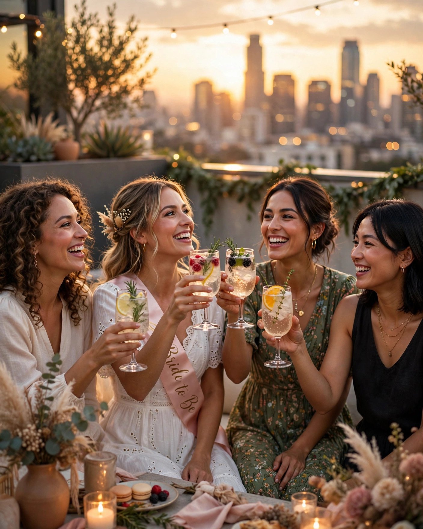 Bridal shower guests toasting with mocktails on a rooftop at golden hour