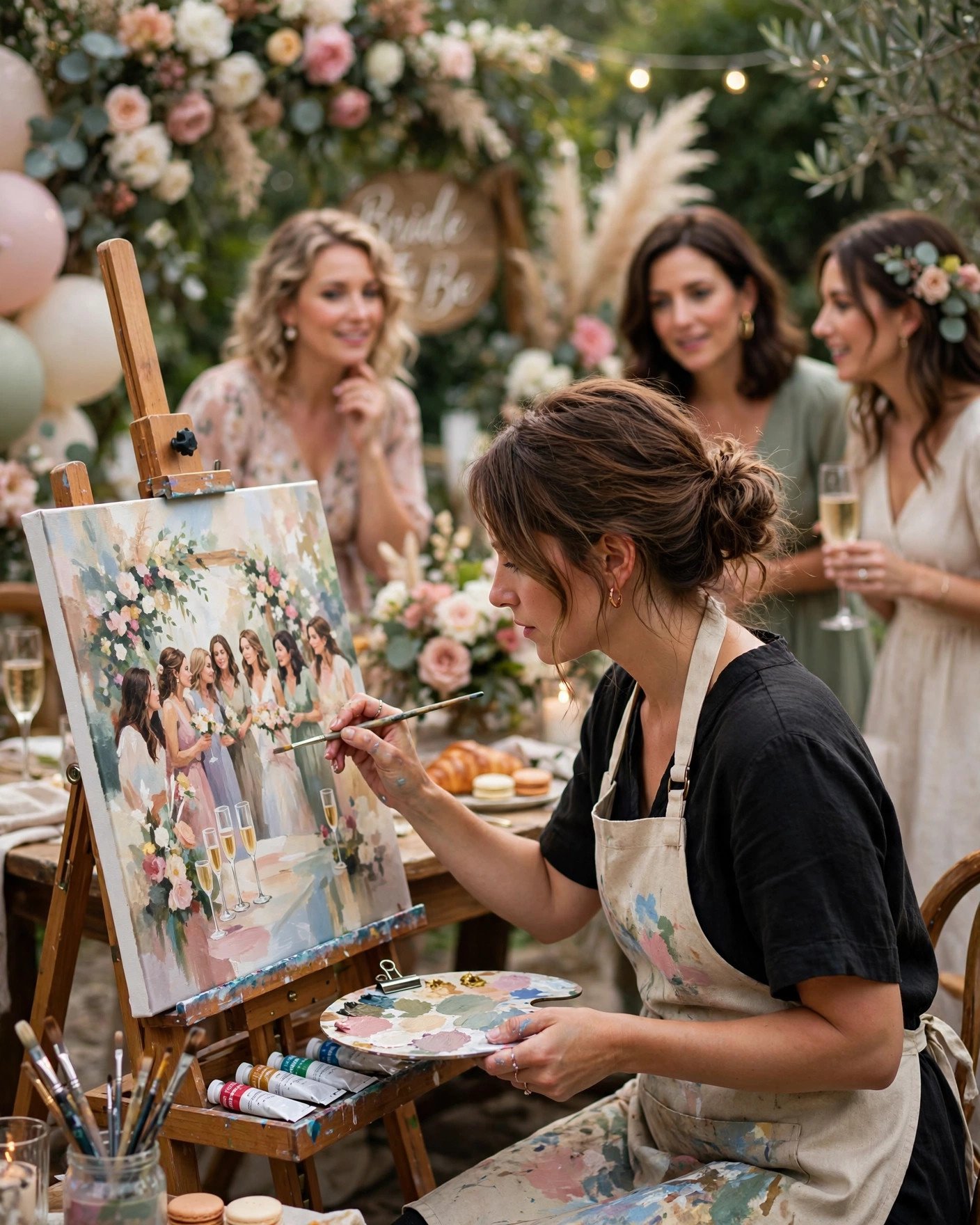 Live event painter capturing a bridal shower scene on canvas