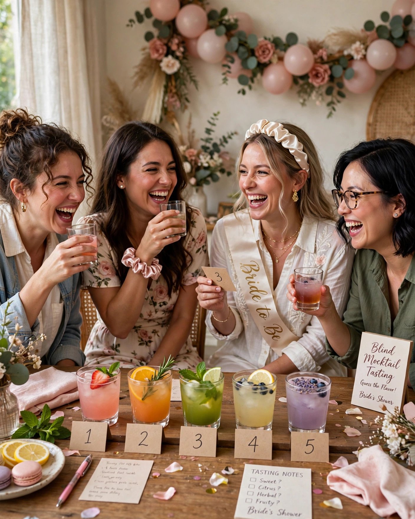 Blind mocktail tasting challenge with covered glasses at a bridal shower