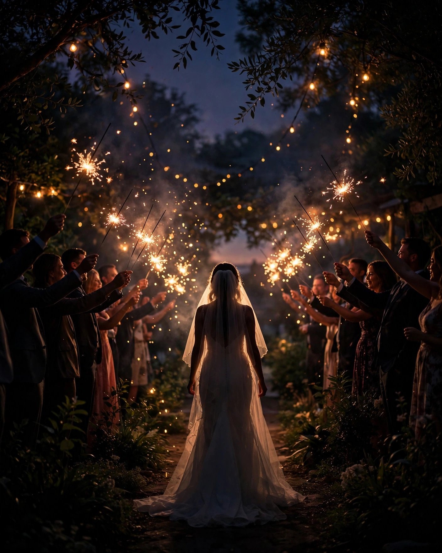 Sparkler send-off finale with guests lining a path for the bride at dusk