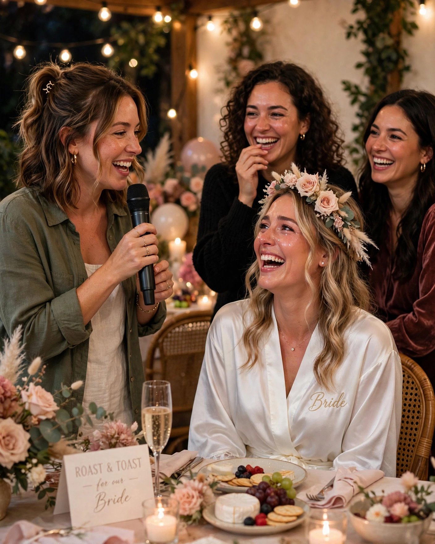 Friends laughing during a loving roast and toast at an evening bridal shower