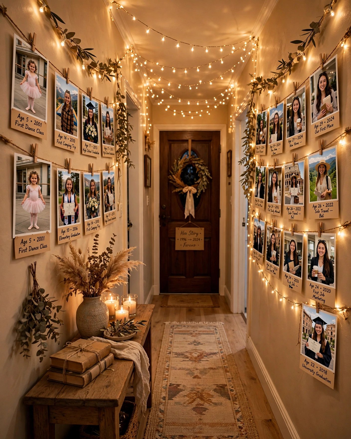 Hallway transformed into a memory lane with photos string lights and memorabilia