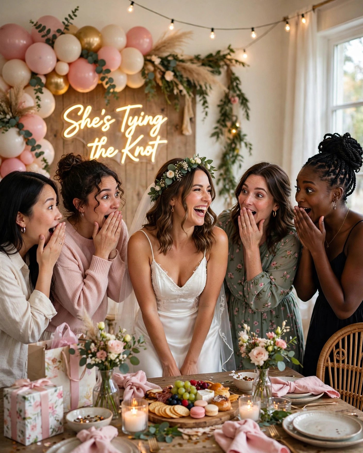 Guests gasping with delight at a surprise moment during a bridal shower celebration