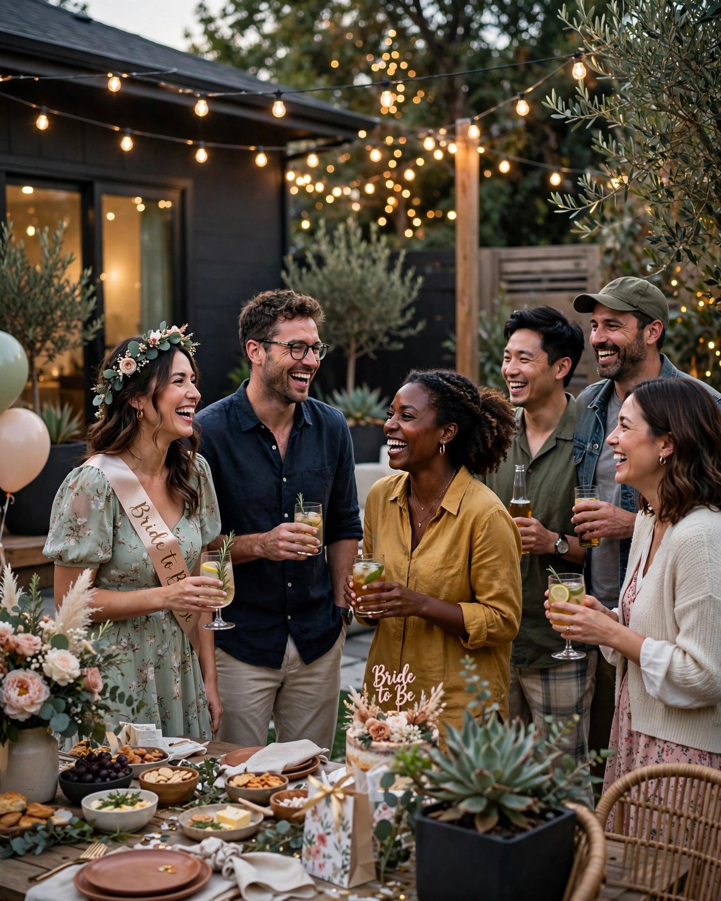 Co-ed bridal shower party with men and women celebrating together