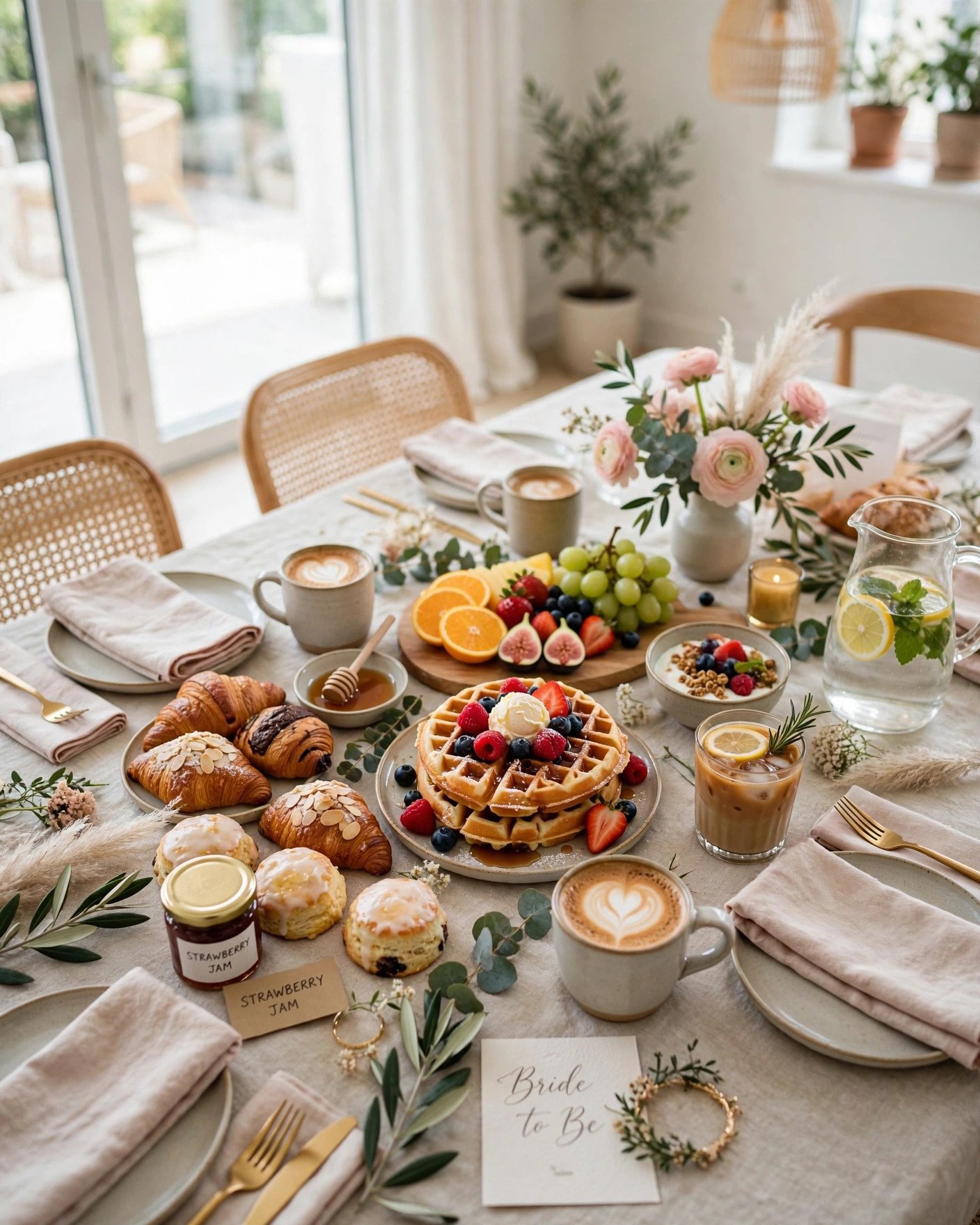 Stylish brunch table spread for a modern bridal shower brunch