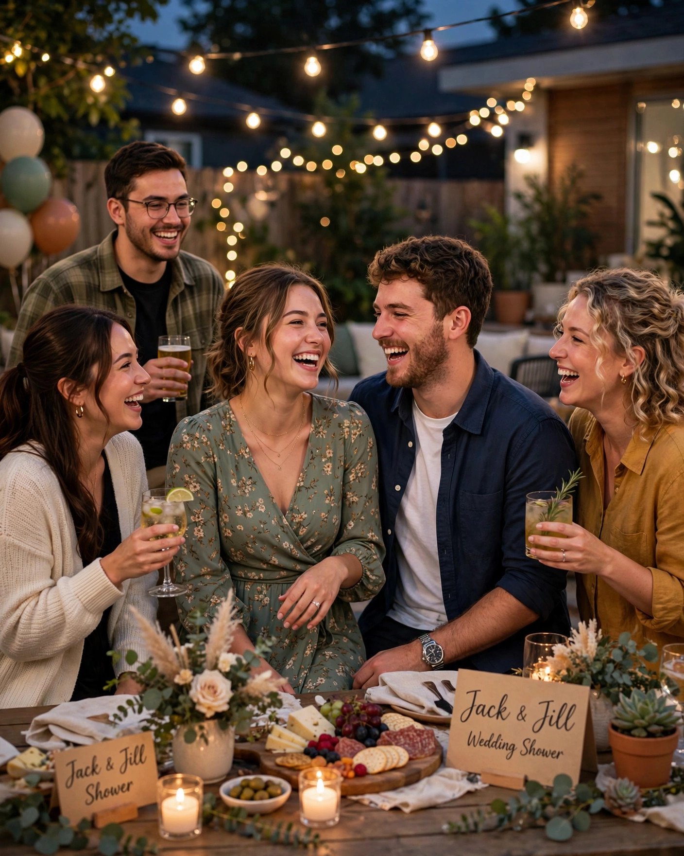 Happy couple celebrating with friends at a Jack-and-Jill wedding shower