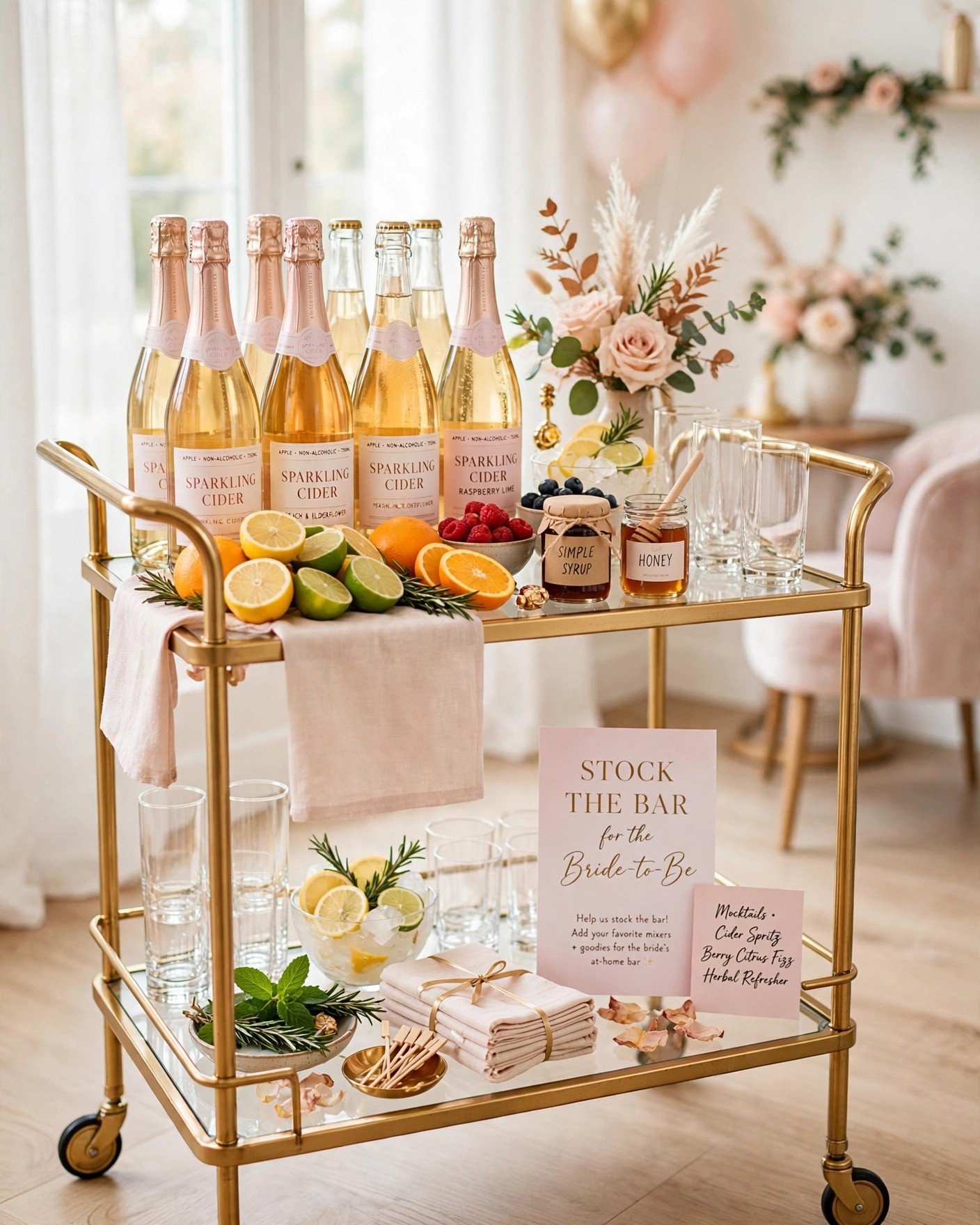 Stock the bar shower with bottles recipe cards and cocktail ingredients displayed