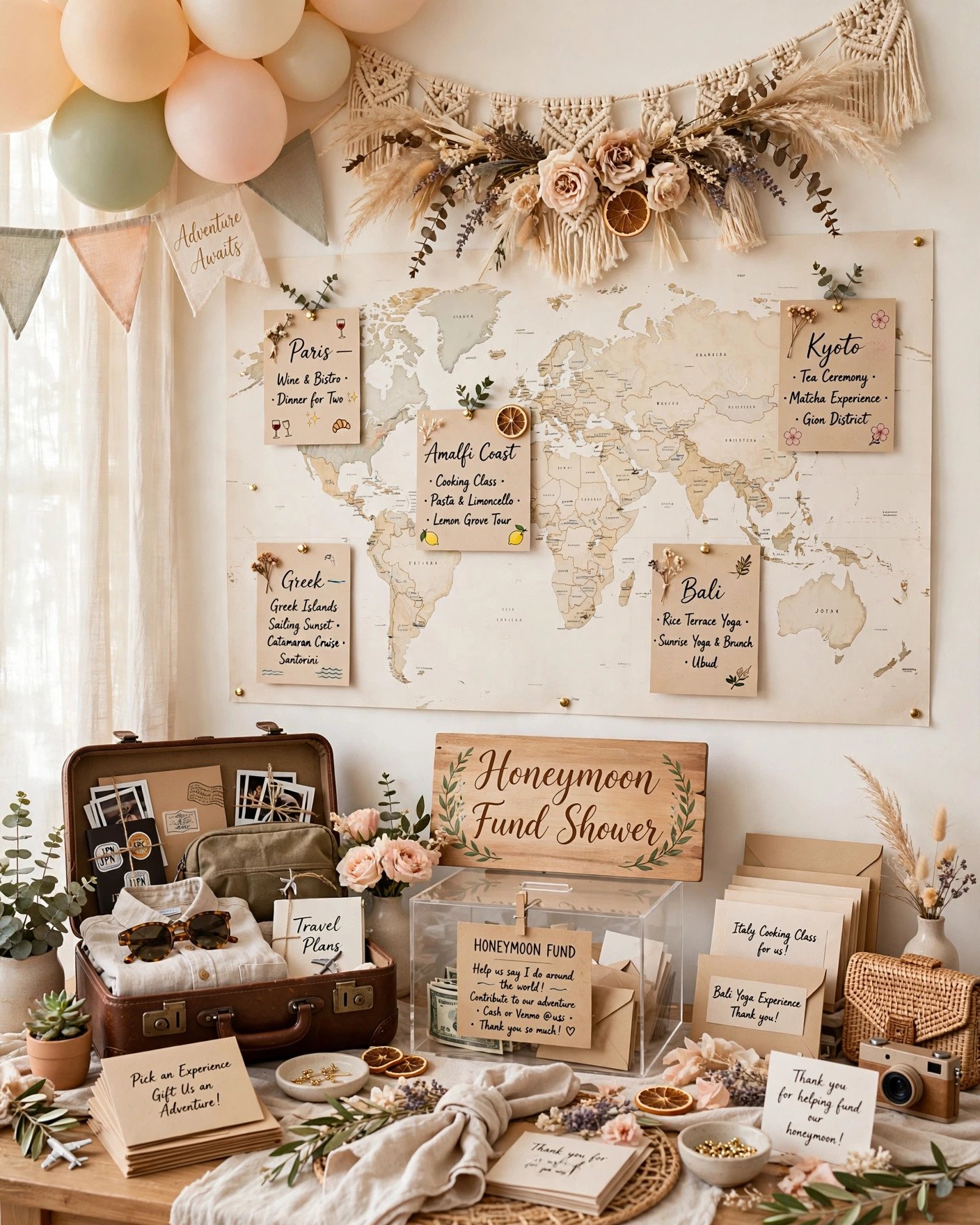 Honeymoon fund shower with travel map display and experience cards