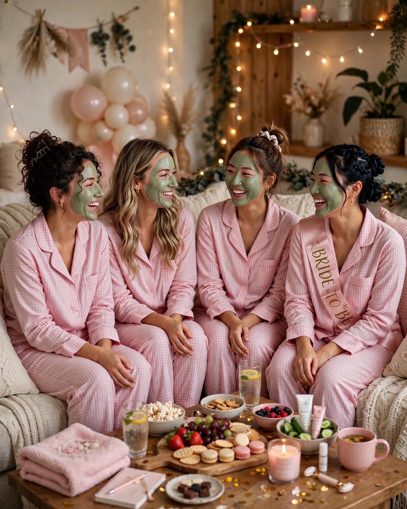 Cozy pajama pamper party with friends doing face masks at a bridal shower