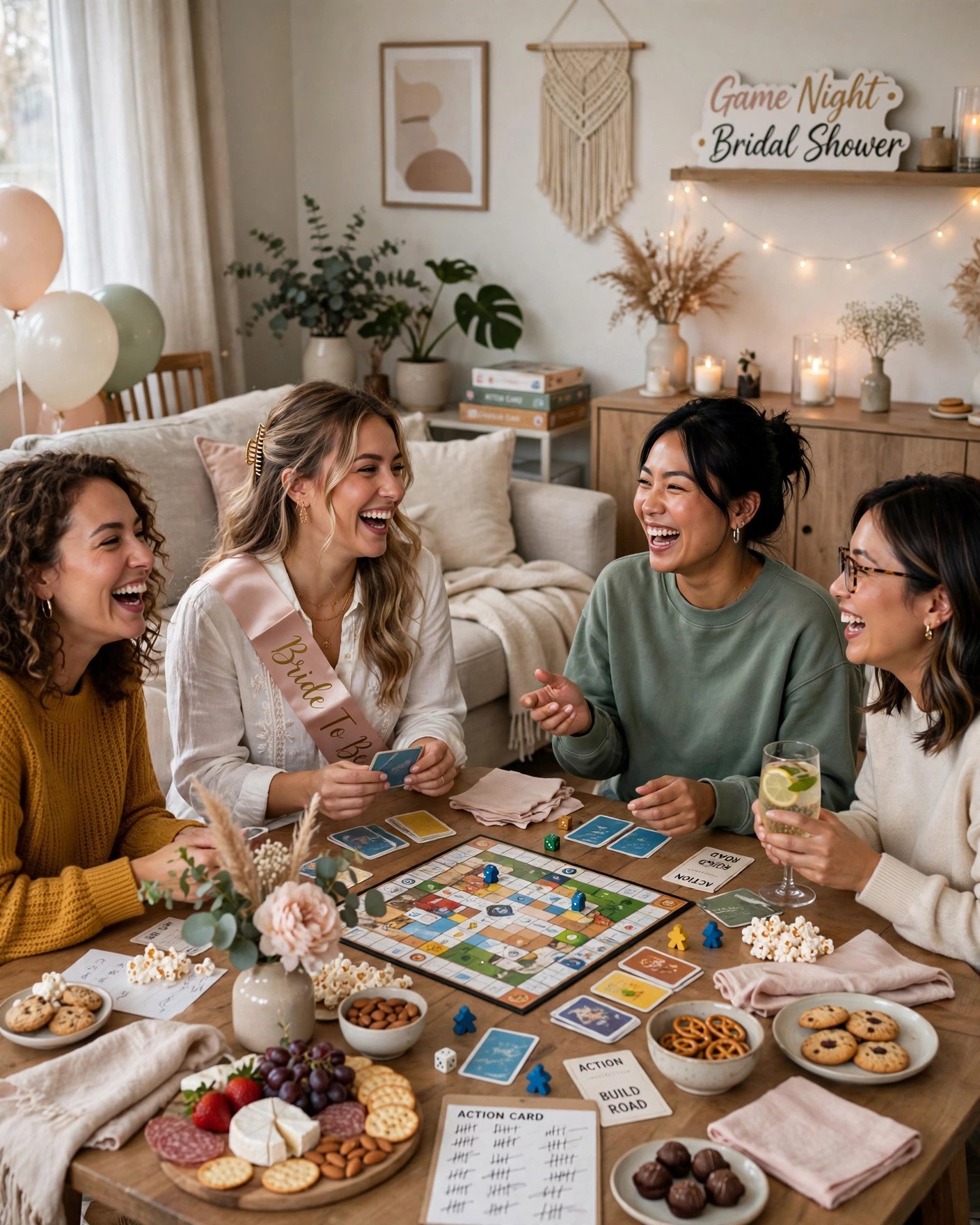 Lively game night bridal shower with friends playing board games