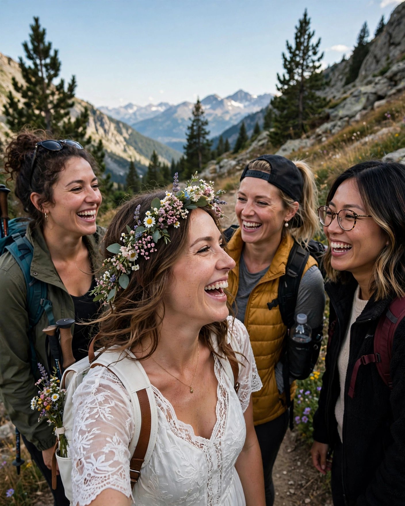 Outdoor adventure bridal shower with friends on a scenic hike picnic