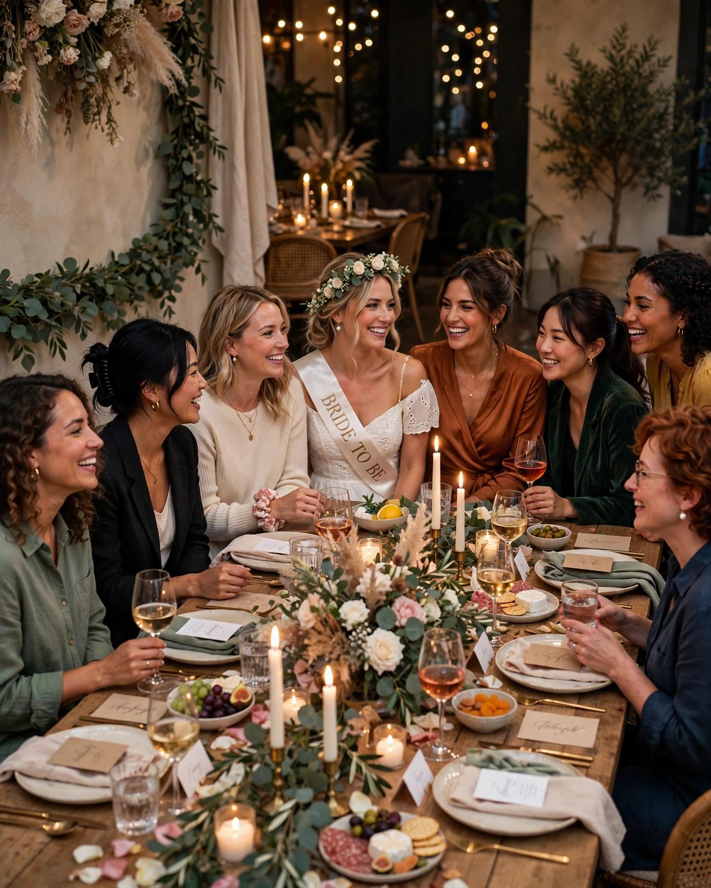 Intimate candlelit dinner party bridal shower with close friends around a table