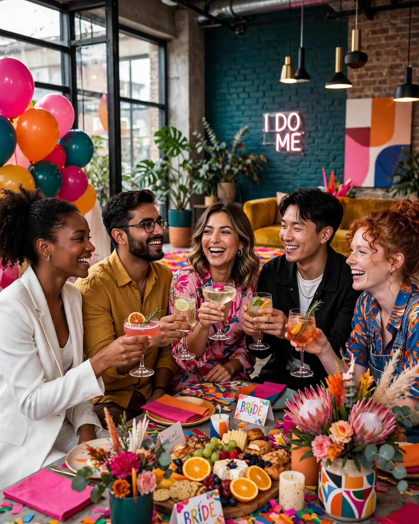 Modern non-traditional bridal shower with friends celebrating in a stylish loft