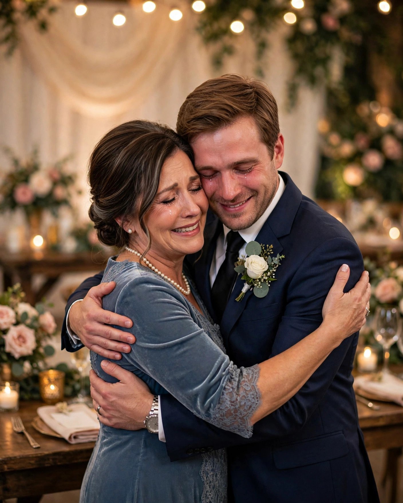 Mother of the bride warmly welcoming the groom into the family with a hug
